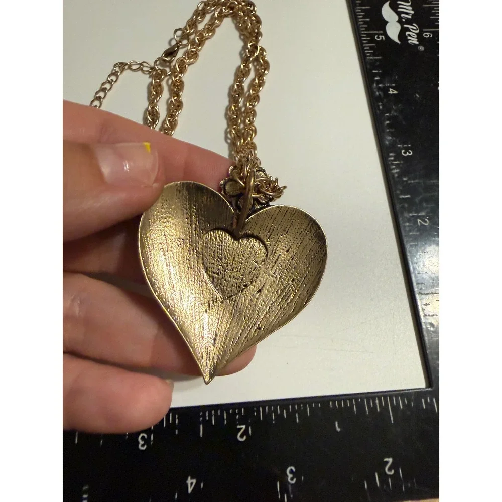 Gold Tone Blue Enamel Heart Pendant Necklace Rhinestone Flower Lavender Stone